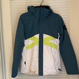 Obermeyer Teal and White Hooded Ski Jacket with Yellow Accents